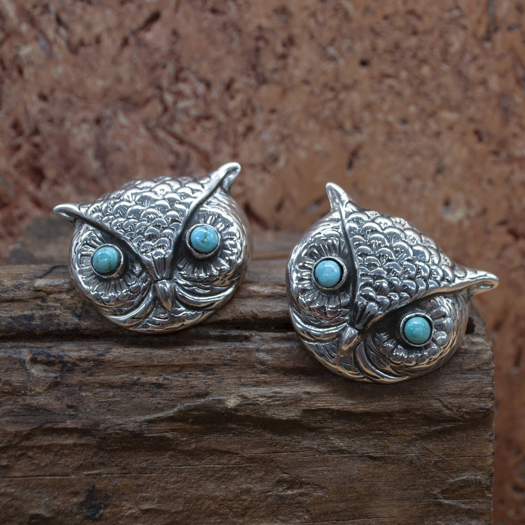 Federico Owl Face Earrings with Turquoise Eyes