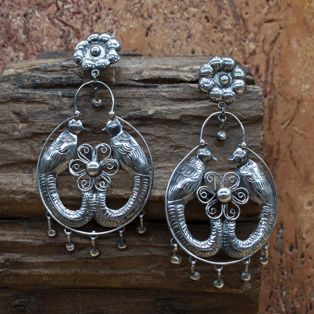 Silver Twin Bird Dangle Earrings