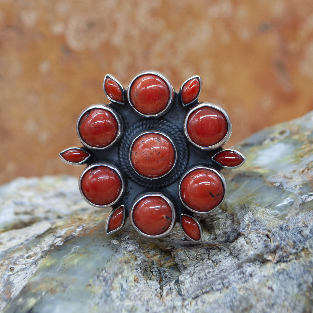 Coral 13 Stones Ring Size 9 Adjustable