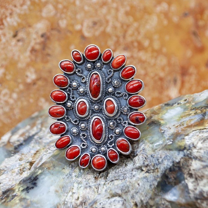 Federico Adjustable Coral Oval Rays Ring