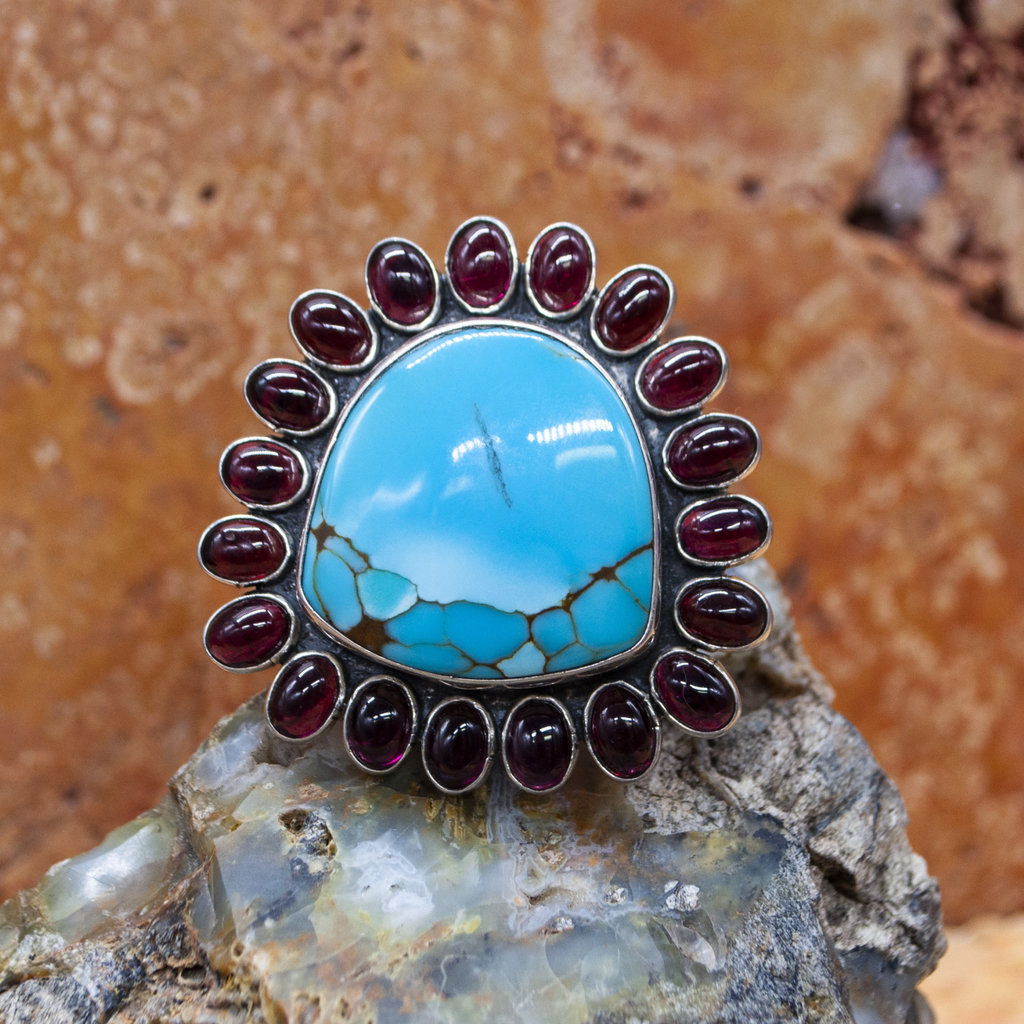 Turquoise and Garnet Ring Size 9 Adjustable