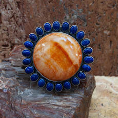 Spiny Oyster Orange with Lapis Round Ring Size 9 Adjustable