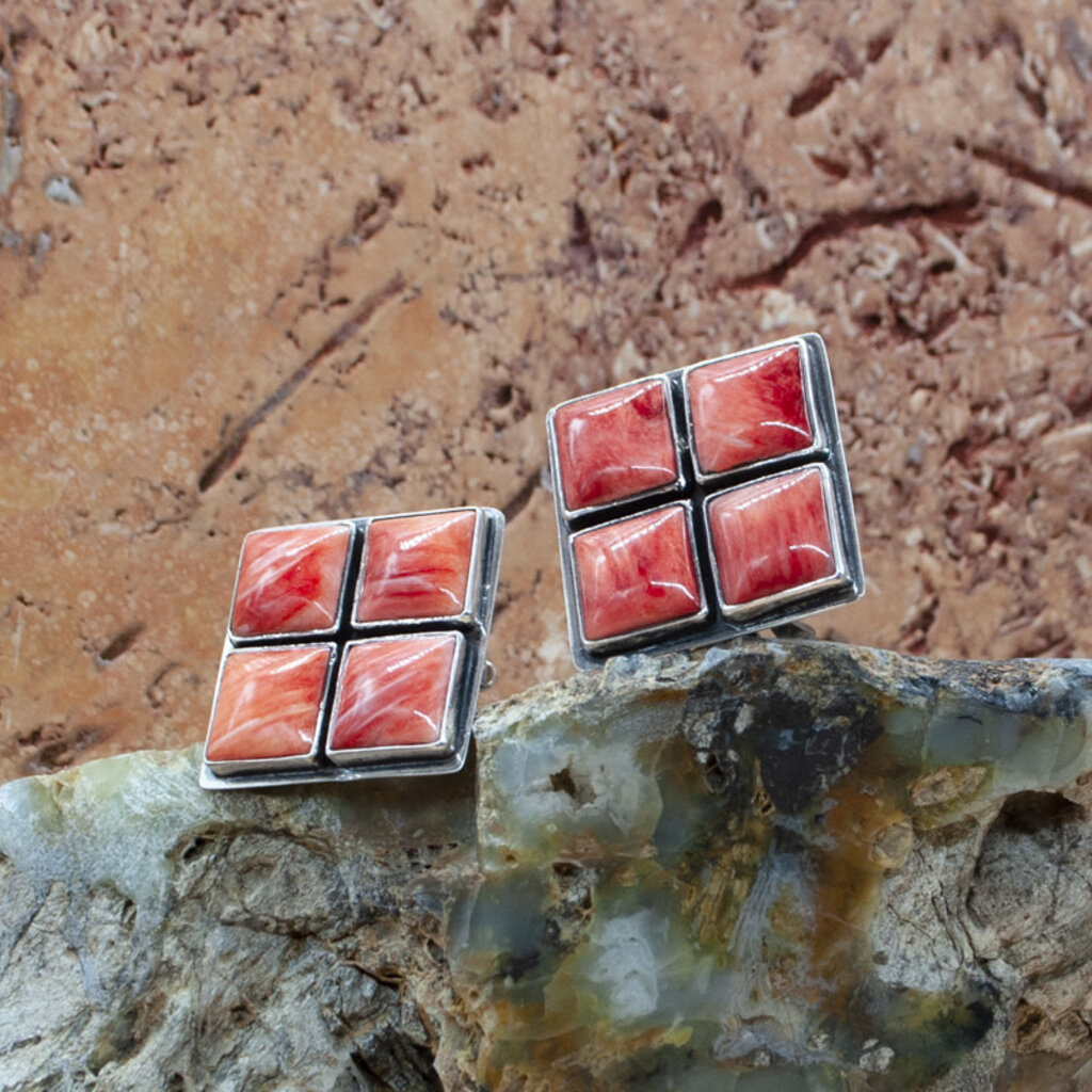 Red Spiny Oyster Four Square Clip Earrings