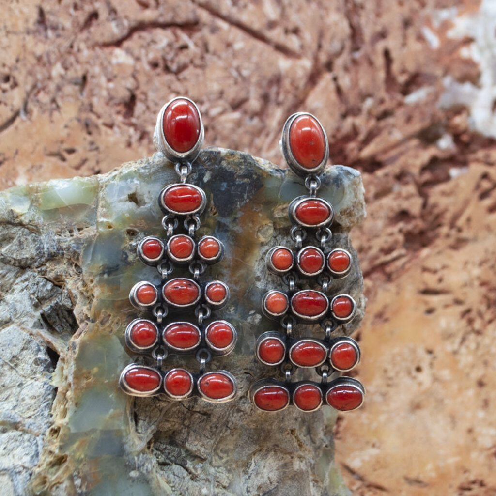 Red Coral Six Tiered Chandelier Earrings