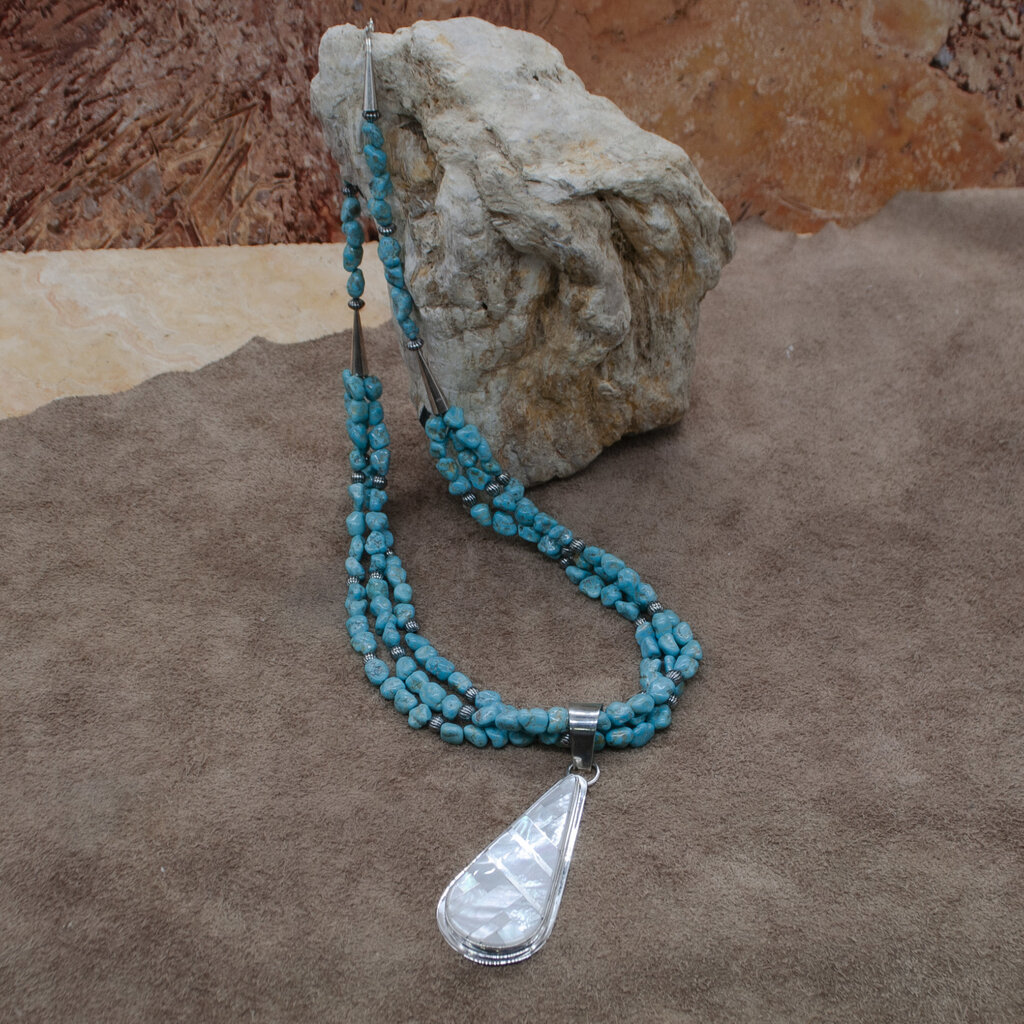 Rio Grande Wholesale Daniel Coritz MOP pendant and turquoise beads- 28"