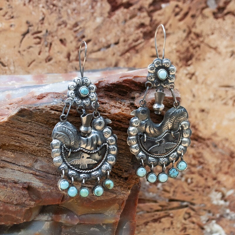 Silver Bird/Pitcher & Turquoise Bead Earrings