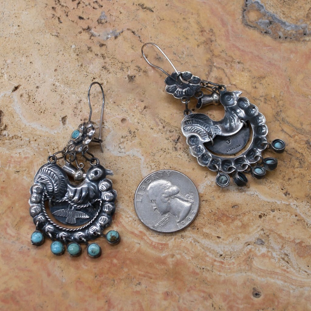 Silver Bird/Pitcher & Turquoise Bead Earrings
