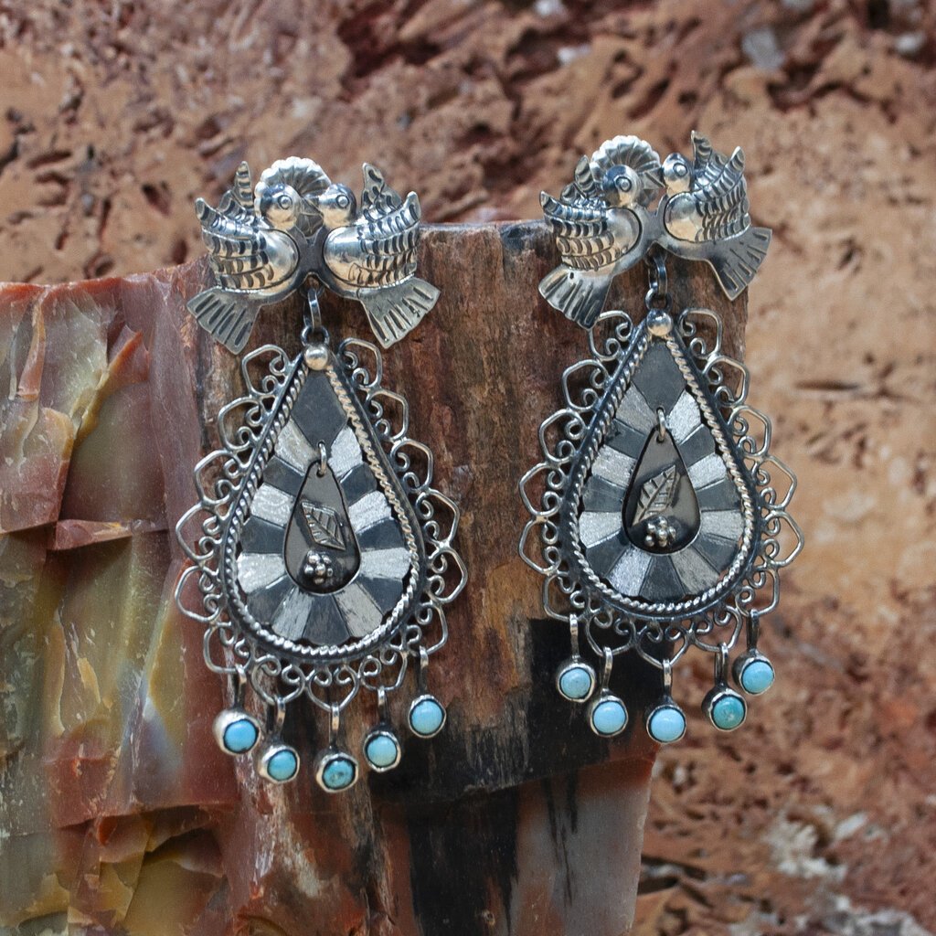Federico Kahlo Lovebird Silver Posts with Turquoise