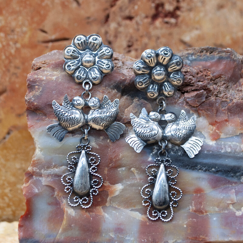 Silver Kahlo Flower Lovebird Post Earrings