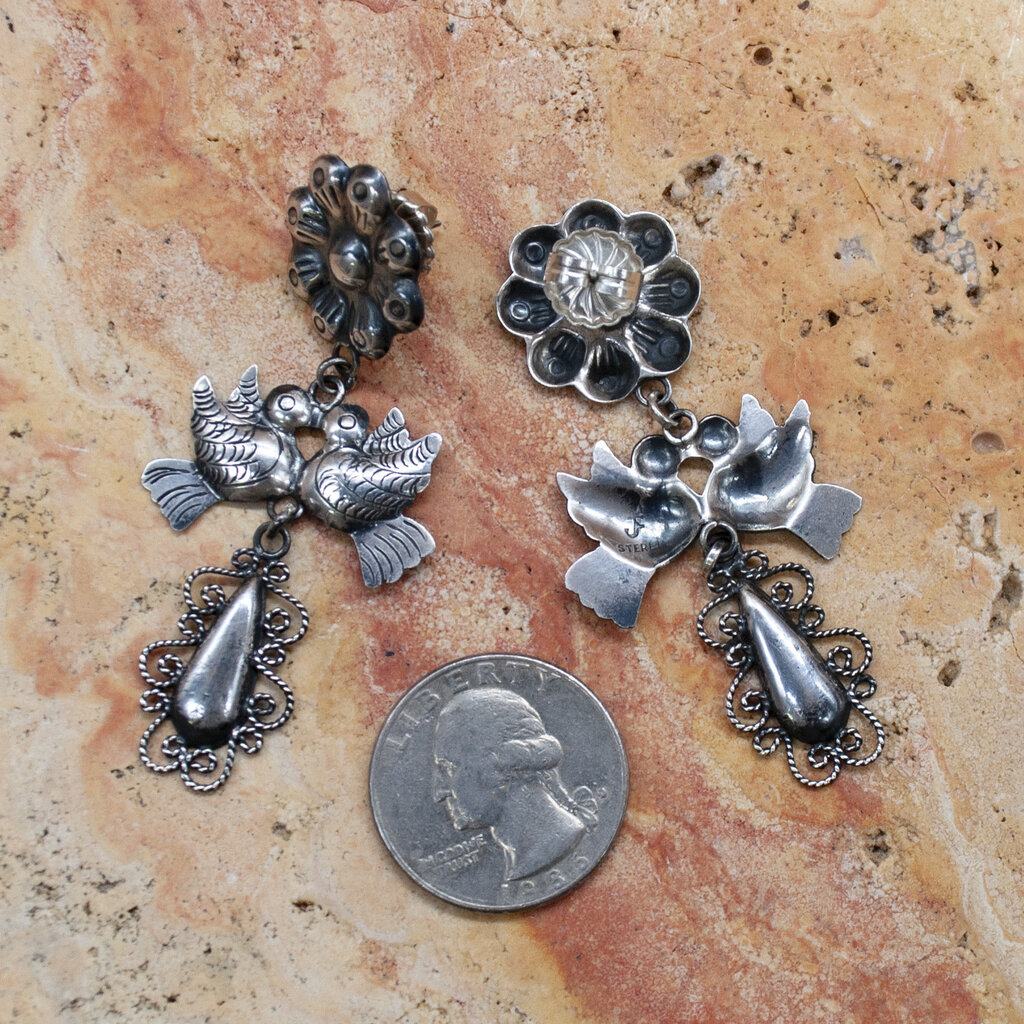 Silver Kahlo Flower Lovebird Post Earrings