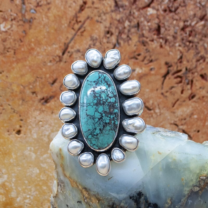 Federico Turquoise & Pearl Ring adjustable size 8.5