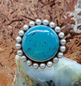 Circular Turquoise & Pearl Ring adjustable size 6