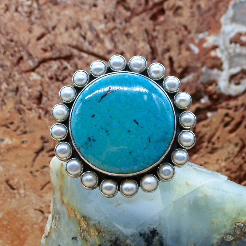 Circular Turquoise & Pearl Ring adjustable size 6