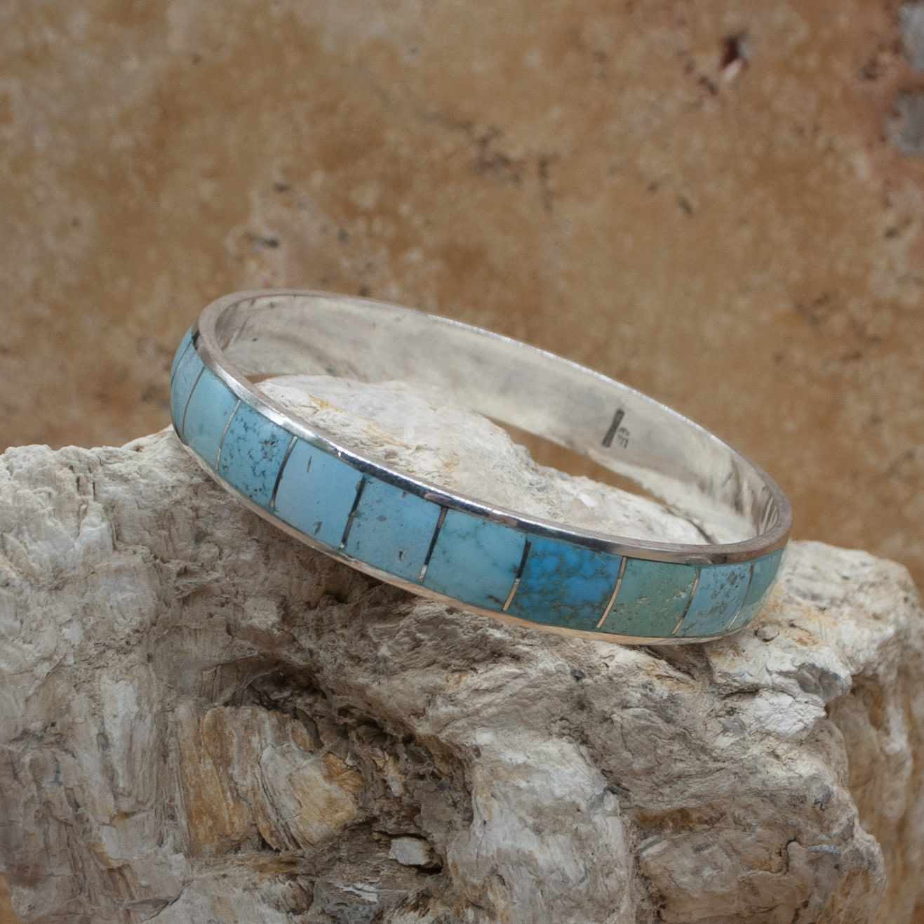 Blue Turquoise Inlay Bangle - White Buffalo