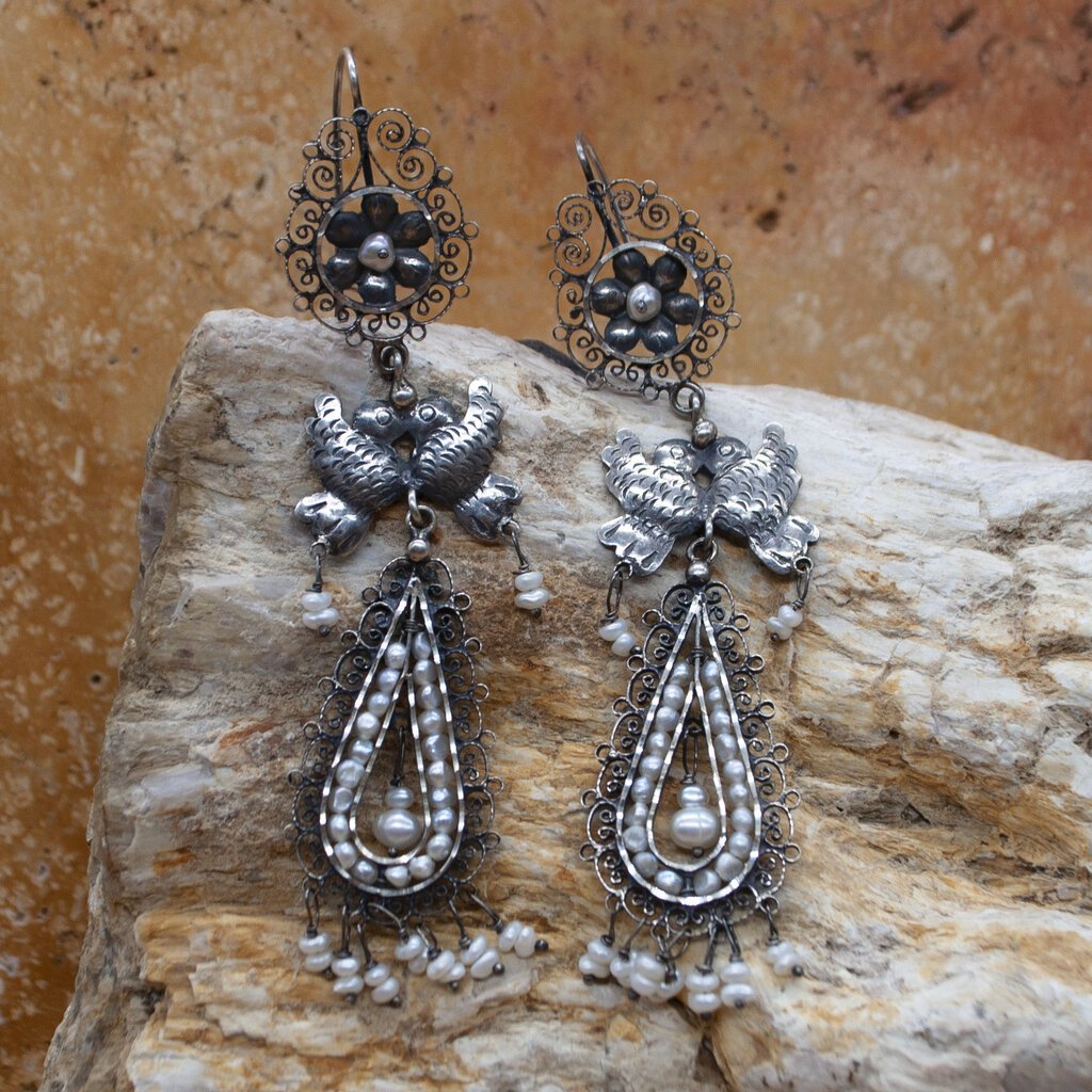 Federico Silver Lace Kahlo Lovebirds w/ Pearl Earrings