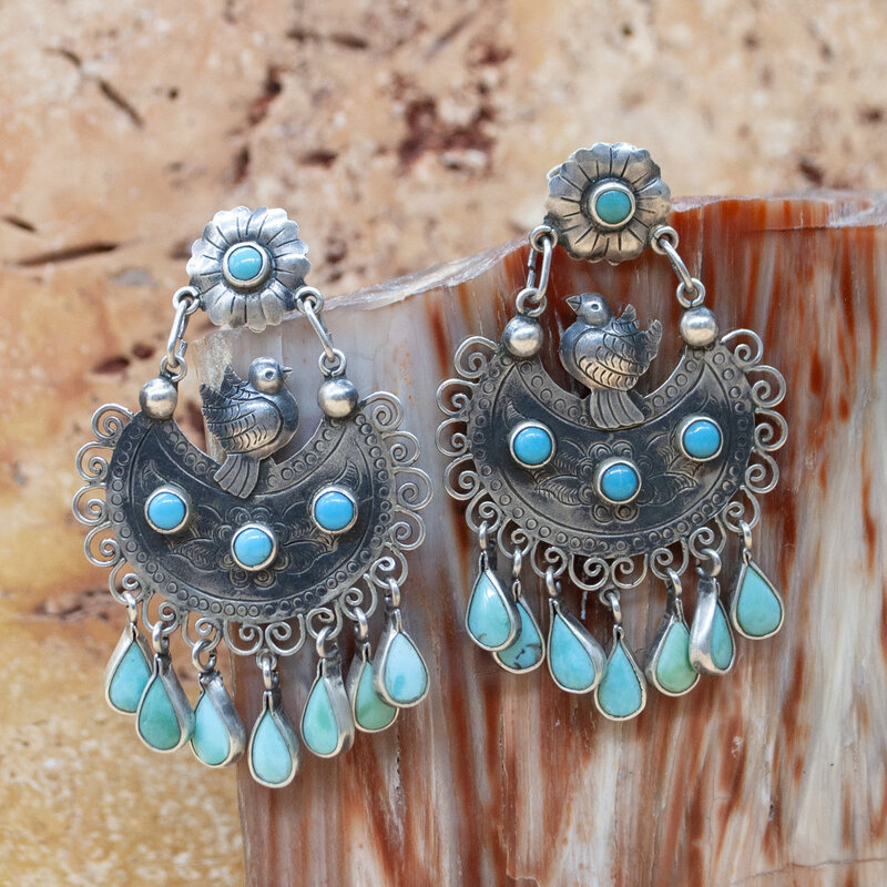 Federico Flower Post Earrings w/ Bird & Turquoise
