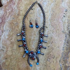 Turquoise & Coral Squash Blosson Necklace & Earrings Set