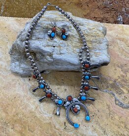 Turquoise & Coral Squash Blosson Necklace & Earrings Set