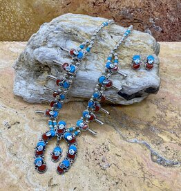 SUNWEST SILVER Effie Turquoise & Coral Squash Blossom Necklace