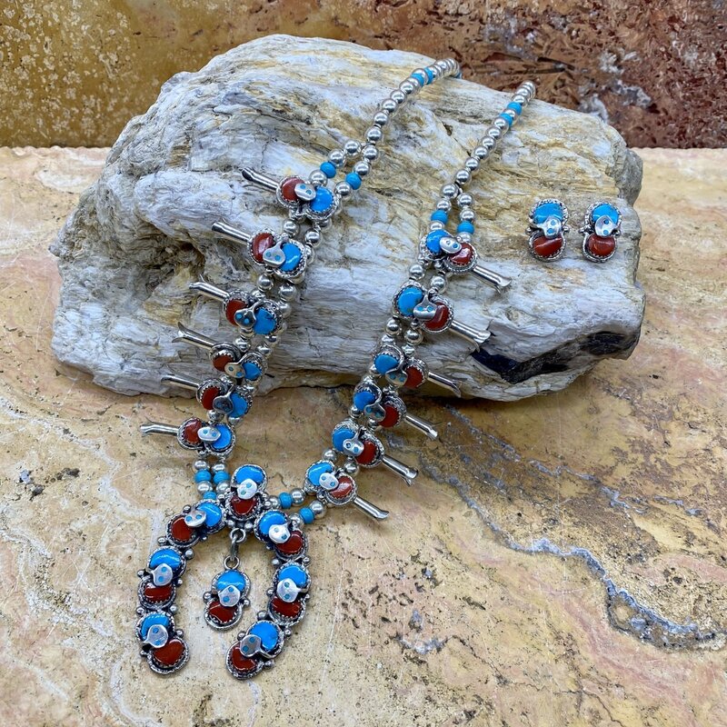 SUNWEST SILVER Effie Turquoise & Coral Squash Blossom Necklace