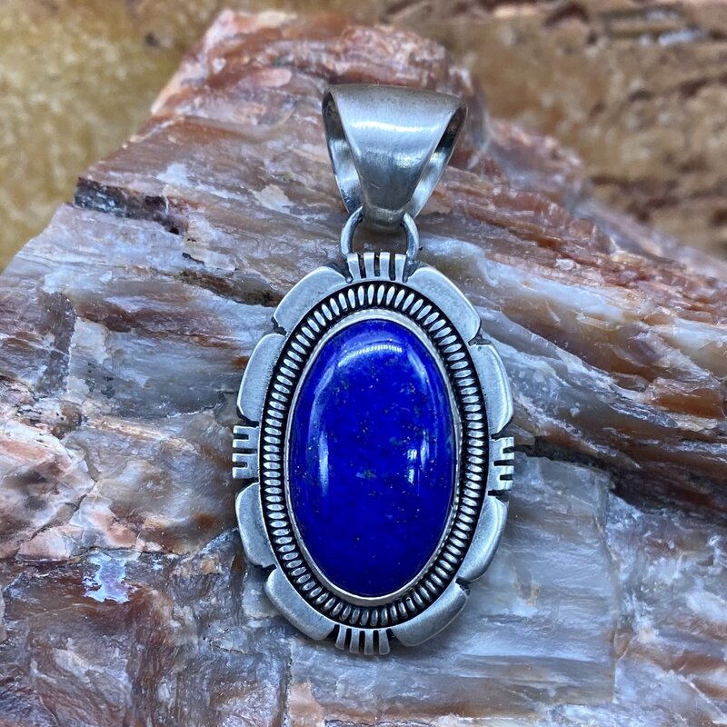 Oval Lapis Pendant Brushed Silver