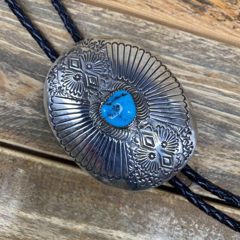 Rio Grande Wholesale Kingman Turquoise Bolo w/ Hand Stamped Silver