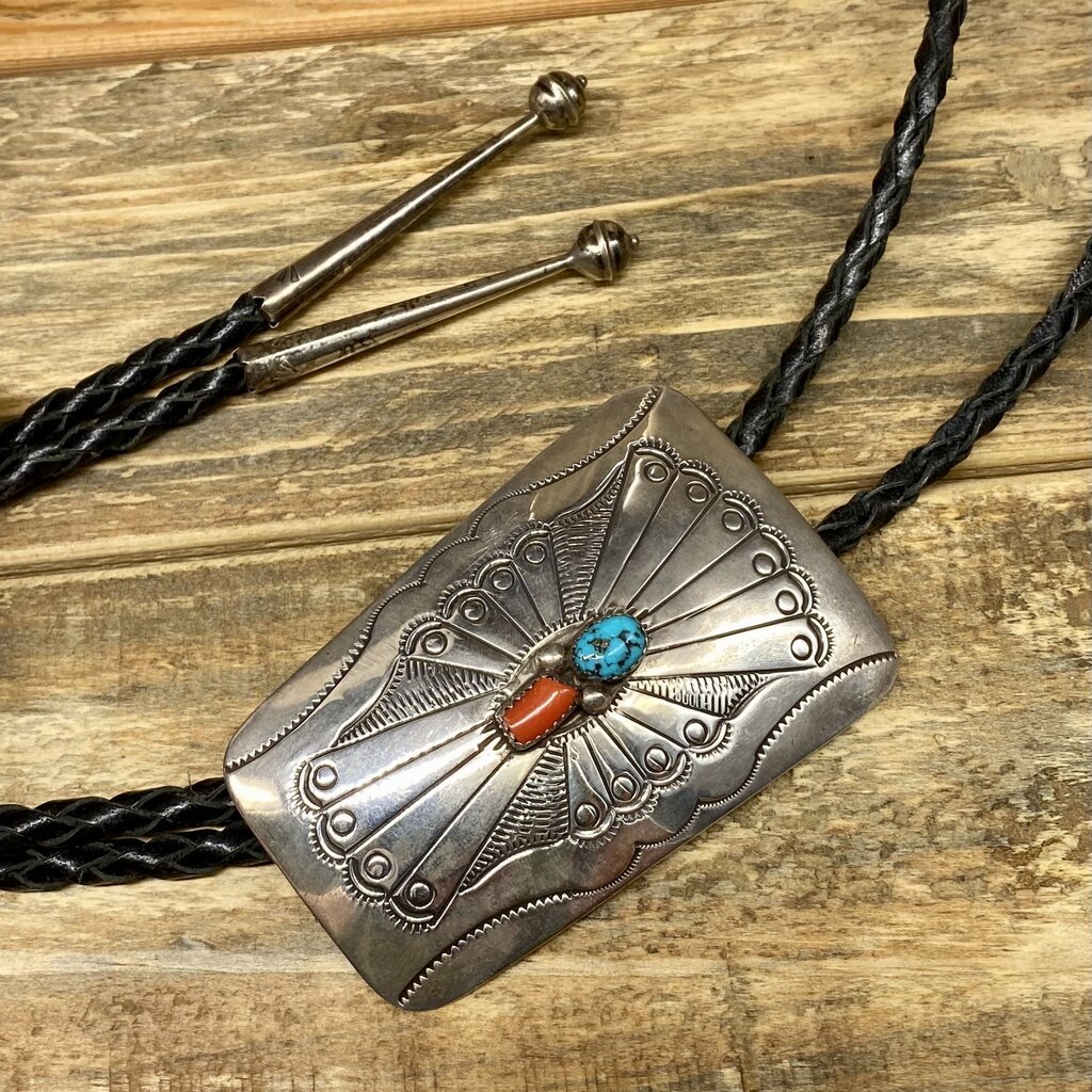 Silver Bolo w/ Coral & Turquoise