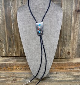 RUNNING BEAR Coral & Turquoise Silver Bolo
