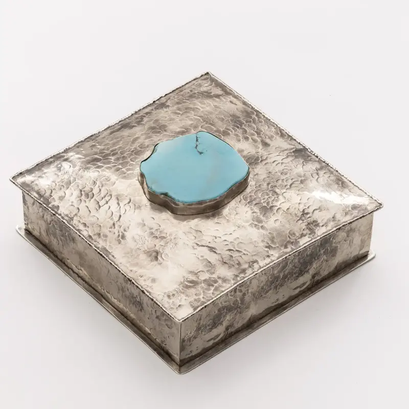 J.ALEXANDER RUSTIC SILVER Square Box with Dimples and Lg Turquoise Stone