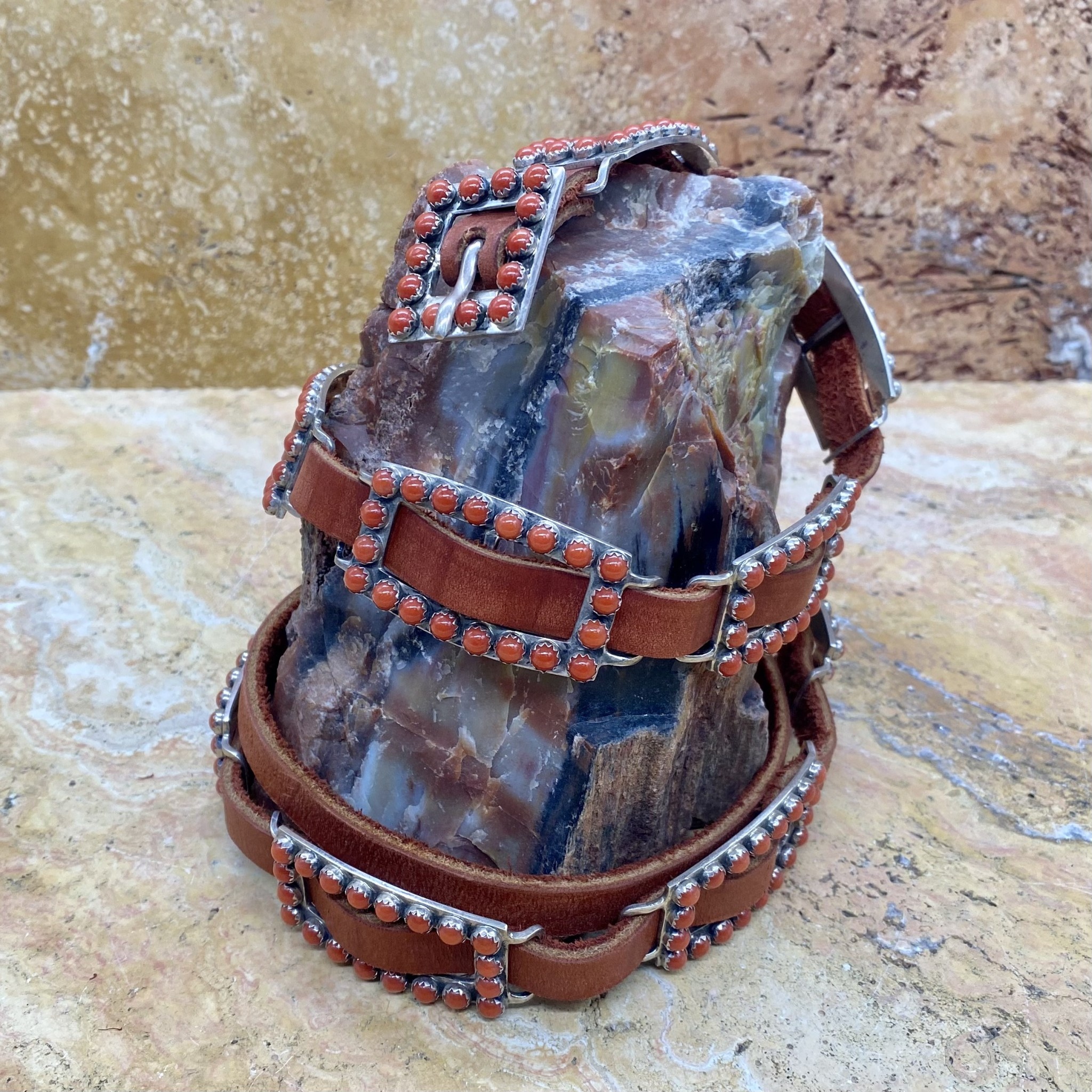 Concho Belt 11 SS/Red Coral Adjustable on Red Leather White