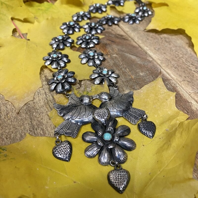 Federico Silver & turquoise lovebirds & flowers necklace