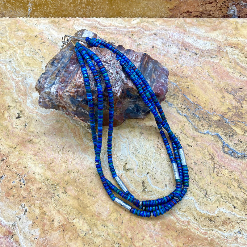 22" Azurite 3 strand necklace with silver beads