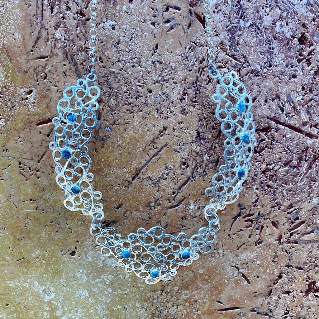 25" Silver Lace & Turquoise Necklace