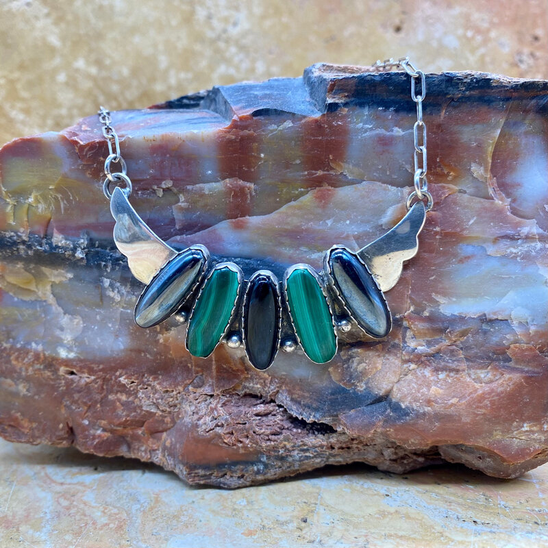 18" Silver necklace with hematite, malachite & onyx