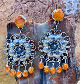Silver flower & spiny oyster 6 stone drop earrings