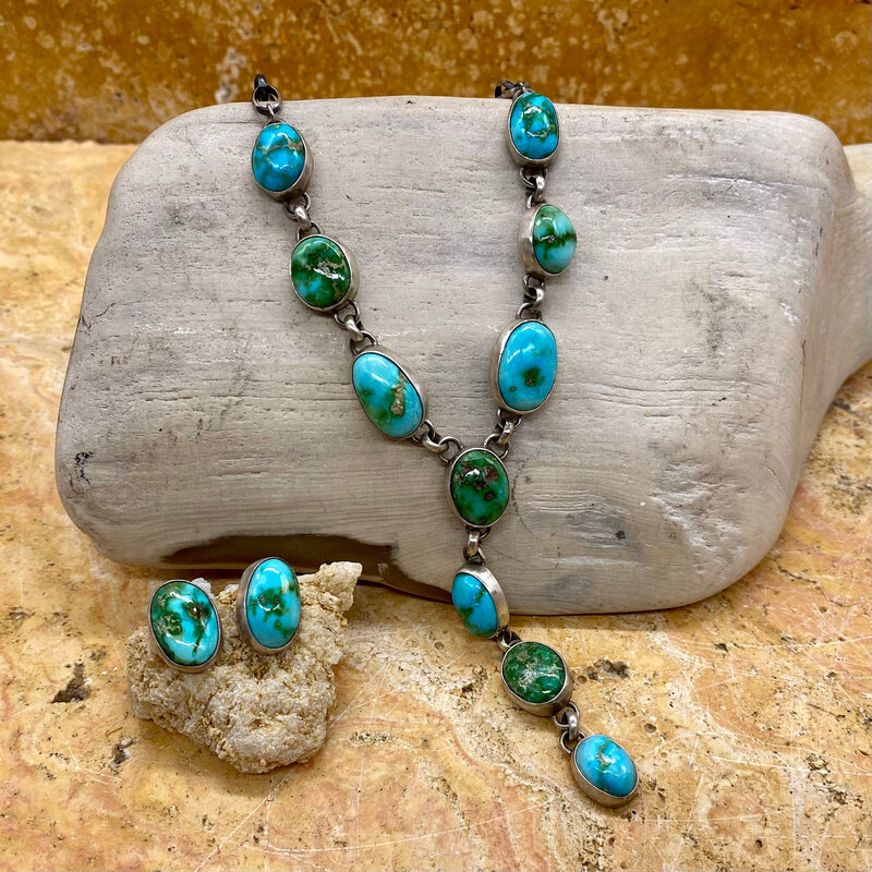 22" 10-stone Sonoran turquoise necklace & earrings by Larry Kaye
