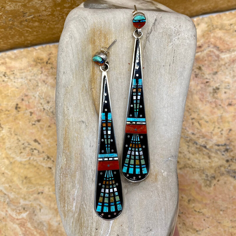 Long multi-stone inlay earrings