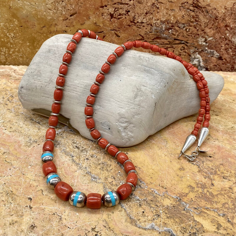 31" coral, turquoise, sterling bead necklace