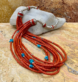 31" 9-strand coral, turquoise, sterling silver necklace