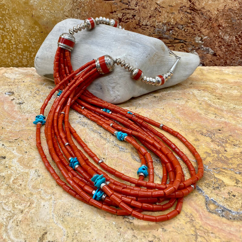 31" 9-strand coral, turquoise, sterling silver necklace