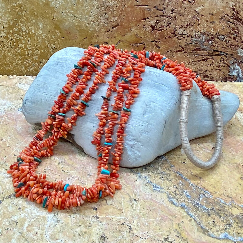 Turquoise & coral bead necklace on chord