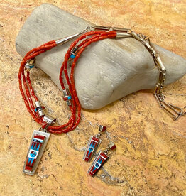 28" coral, turquoise, onyx & MOP necklace & earring set