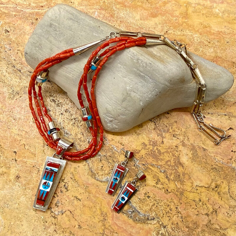 28" coral, turquoise, onyx & MOP necklace & earring set