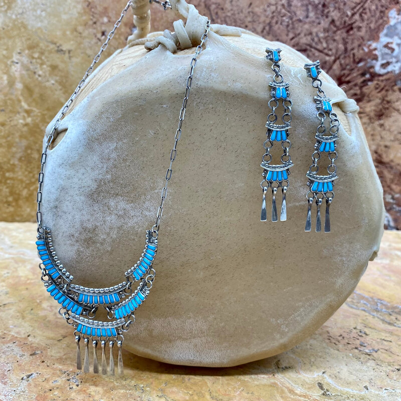 18" Turquoise Necklace/Earring Set- Zuni