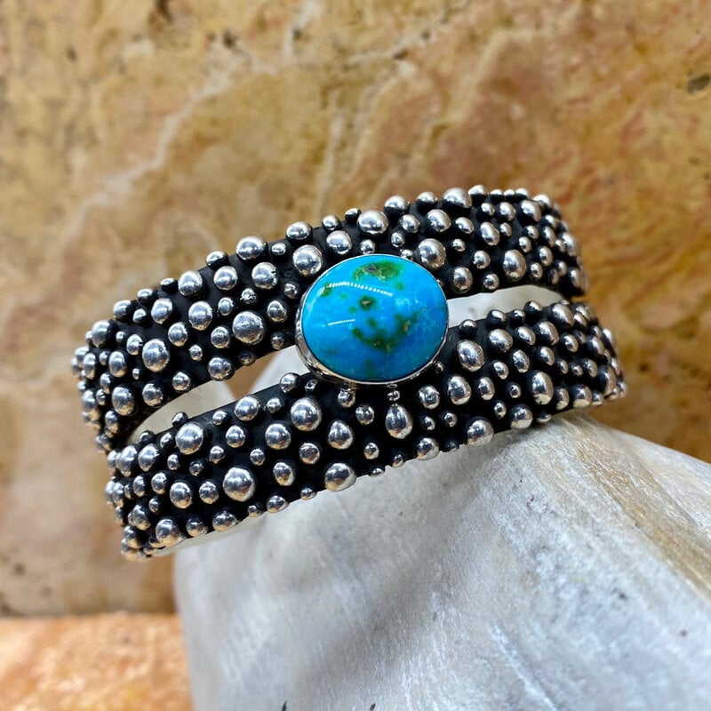 Silver Beaded Cuff w/ Sonoran Turquoise - 6.5"