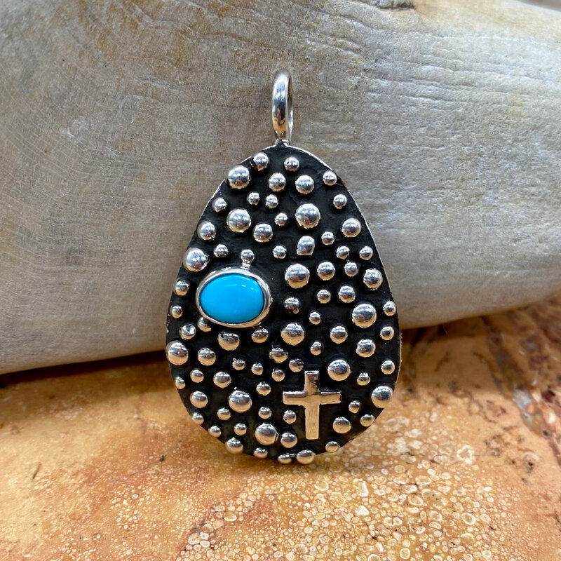 Teardrop Turquoise Pendant w/ Cross - Akee Douglas