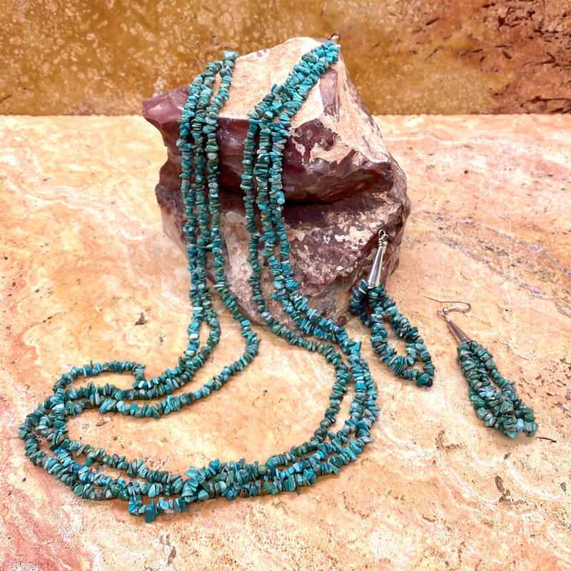 28" 3-strand turquoise necklace & earrings