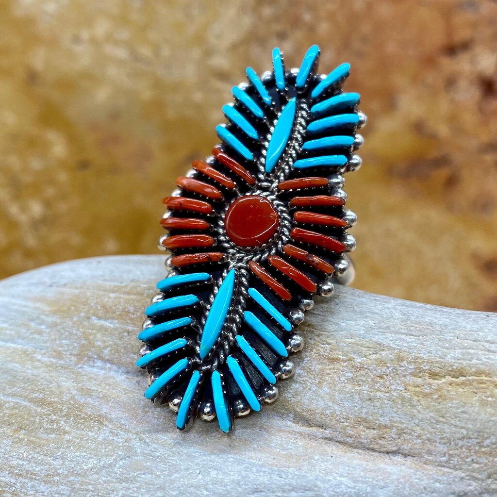 Zuni Turquoise & Coral Ring - 8