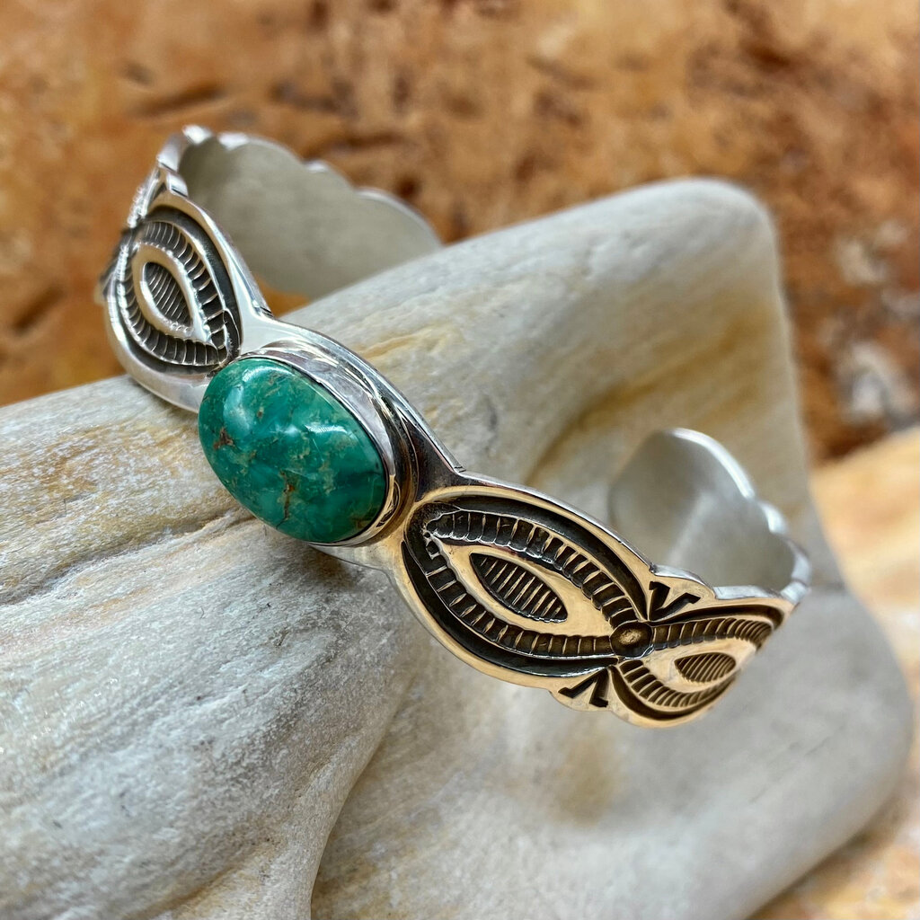 Green turquoise cuff, hand-stamped silver - 6.25"