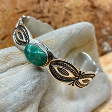 Green turquoise cuff, hand-stamped silver - 6.25"